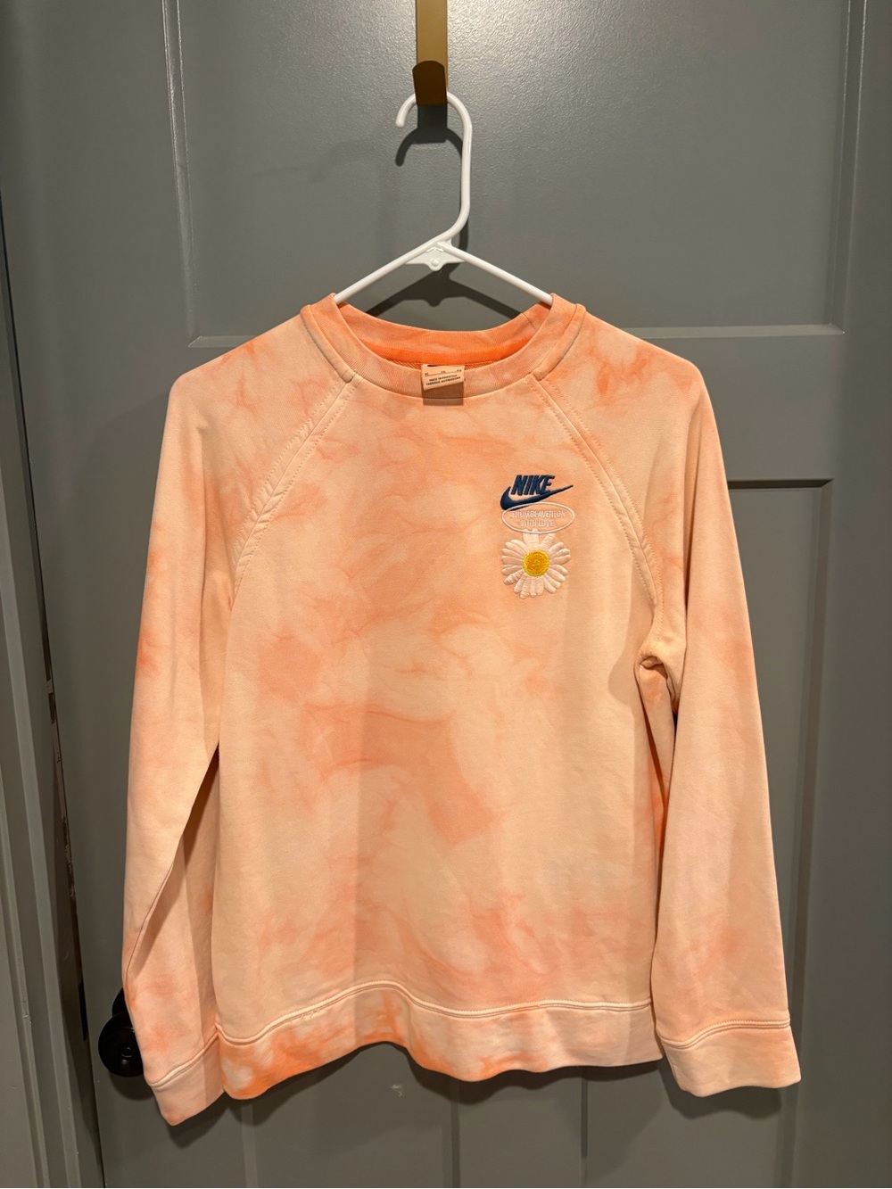 Nike Kids Peach Tie-Dye Sweatshirt with Blue Logo & Daisy Patch